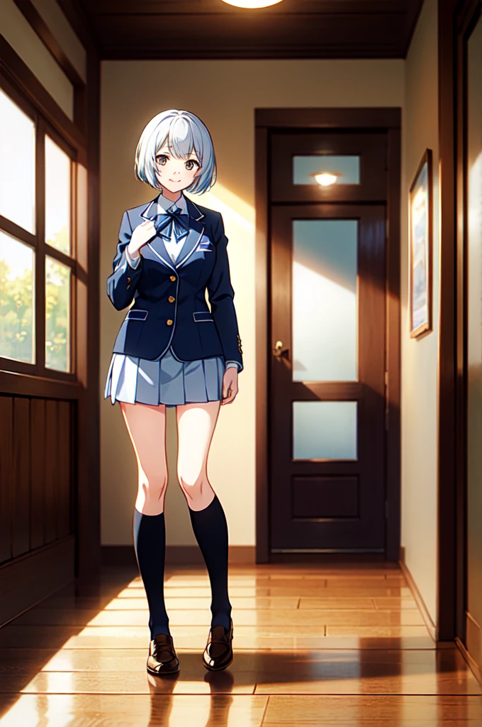 masterpiece, 32k, extremely detailed, finely detail, intricate details, 
BREAK
(absurdres:1.1, highres:1.1, ultra detailed:1.1),
insanely detailed, absurdres, 
(high resolution:1.1, ray tracing:1.1, refraction:1.1)
(1girl, 独奏:1.3),  
BREAK
perfect symmetrical face, smile, high school student, High School Uniform, Navy blue single blazer, White ribbon, Short Hair, 黒髪
BREAK,
(((full body))), 
BREAK