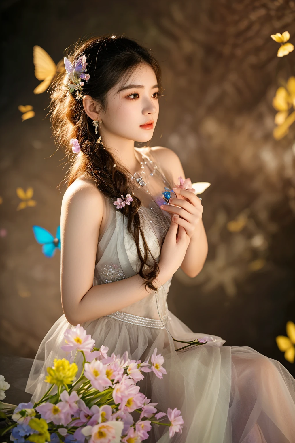 araffe woman sitting on a bench with a bouquet of flowers, a stunning young ethereal figure, beautiful adult fairy, beautiful fantasy maiden, fantasy photoshoot, chinese girl, portrait of fairy, portrait shot, portrait of fairy princess, beautiful fairy, ethereal beauty, beautiful young korean woman, beautiful fairie, portrait of a fairy, a young asian woman