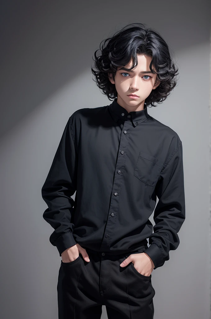 Create a 16-year-old male character in the style of the anime Boku no Hero, he has grayish blue eyes, medium-sized curly hair, he has a somewhat serious face , wears a loose-fitting black long-sleeved blouse and loose-fitting black pants