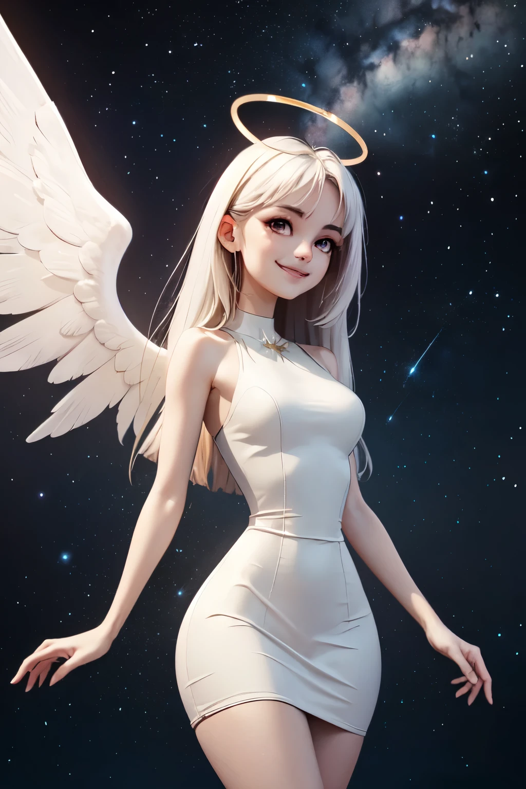 one women, blaugrünes Haar, red eye, smile, Angel wings, golden halo, White dress, stand upright, in space, Milky Way in the background, Stars in the distance, upper body