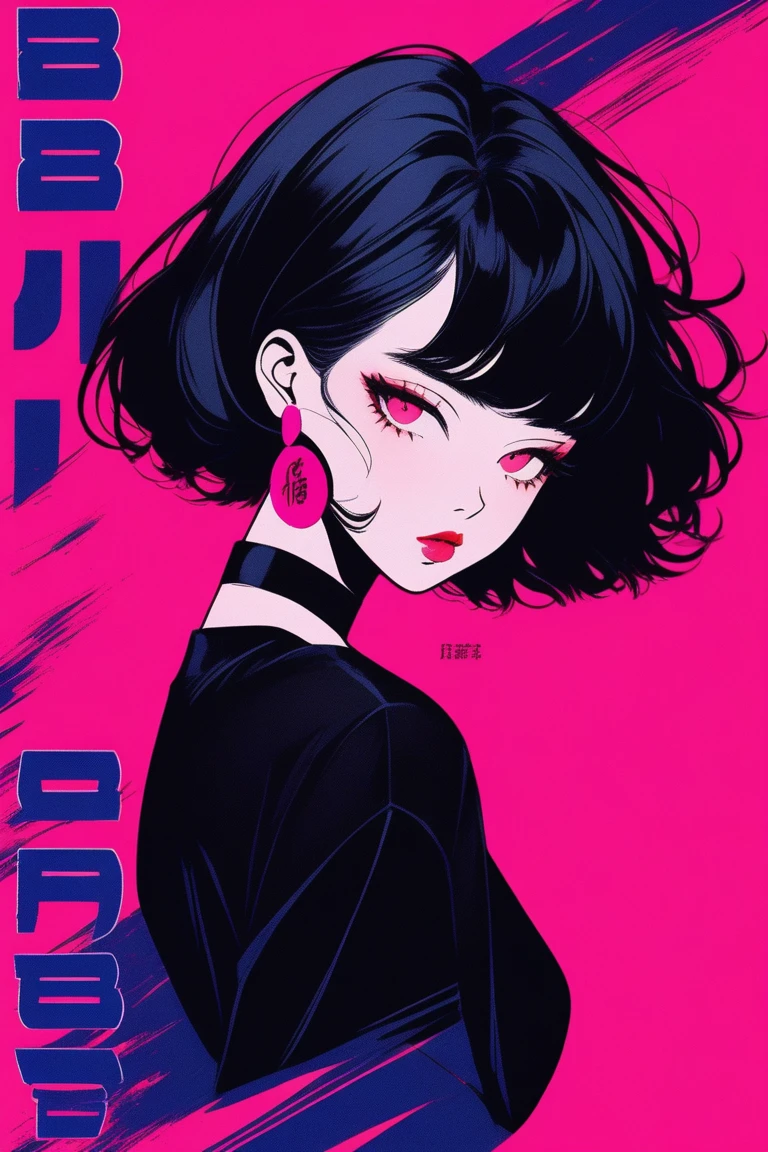 (best quality, sketch:1.2),realistic,Illustrator,japanese cartoon movies,1 girl, detailed lips, black dress,custom, (background dark solid color),Neon Hair,Textured Crop, masterpiece, style retro classic, dark black, Art, sketch book, (bob hair black:1.75 neon:1.32), bad girl , dark solid background