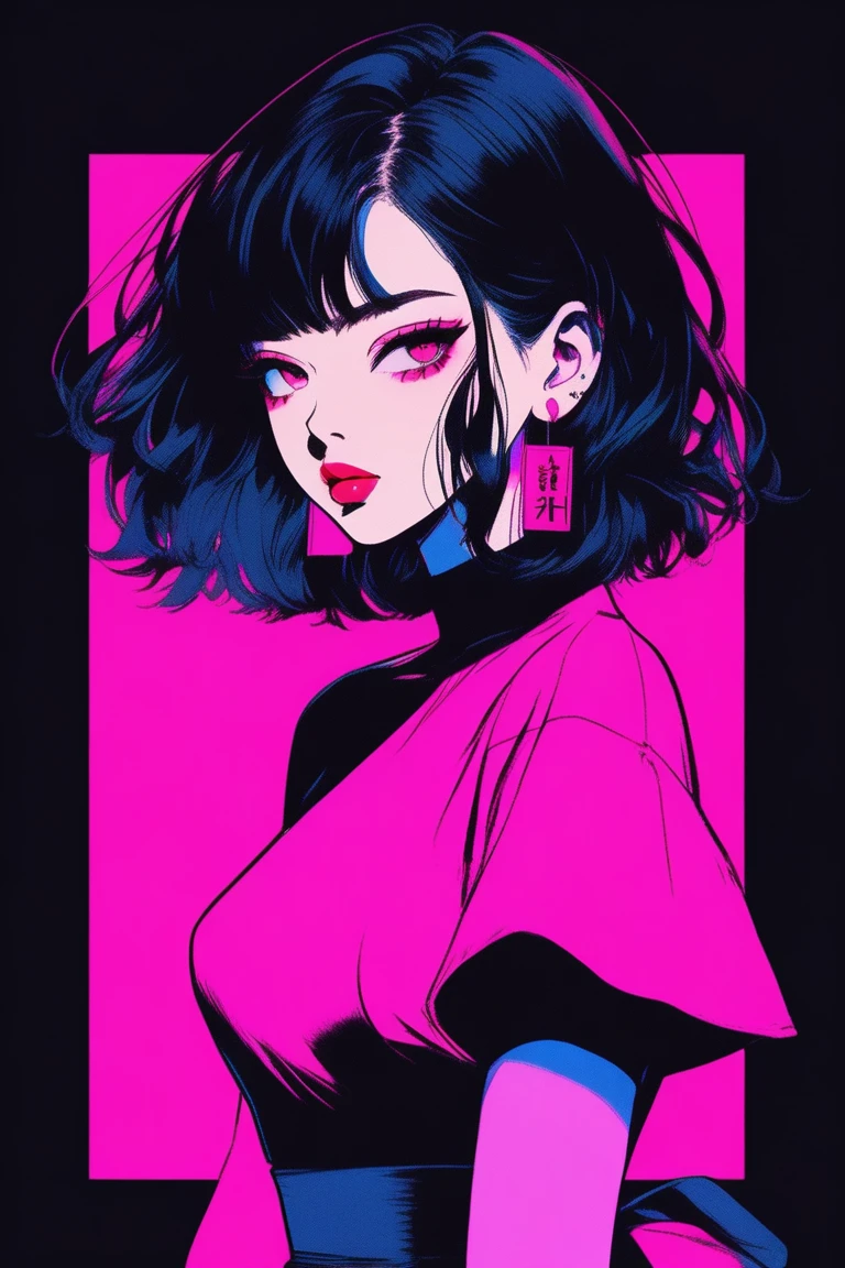 (best quality, sketch:1.2),realistic,Illustrator,japanese cartoon movies,1 girl, detailed lips, black dress,custom, (background dark solid color),Neon Hair,Textured Crop, masterpiece, style retro classic, dark black, Art, sketch book, (bob hair black:1.75 neon:1.32), bad girl , dark solid background