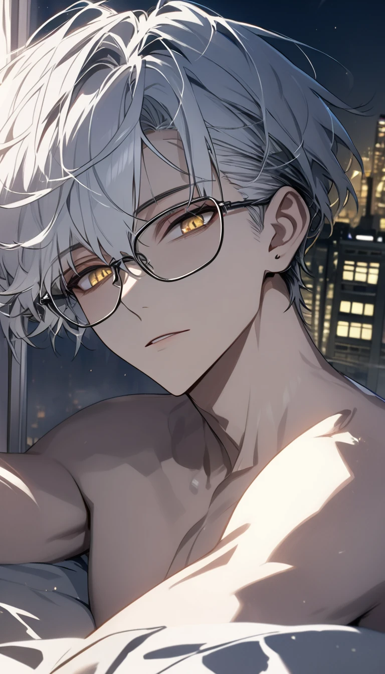 a handsome man, high quality, 8k, ultra detailed, best quality, masterpiece, beautiful, aesthetic, short hair, bangs, black eyes glassed, White hair, yellow eyes, topless, night, lying on bed, open window, city, dust and smoke, he looks out the window.
