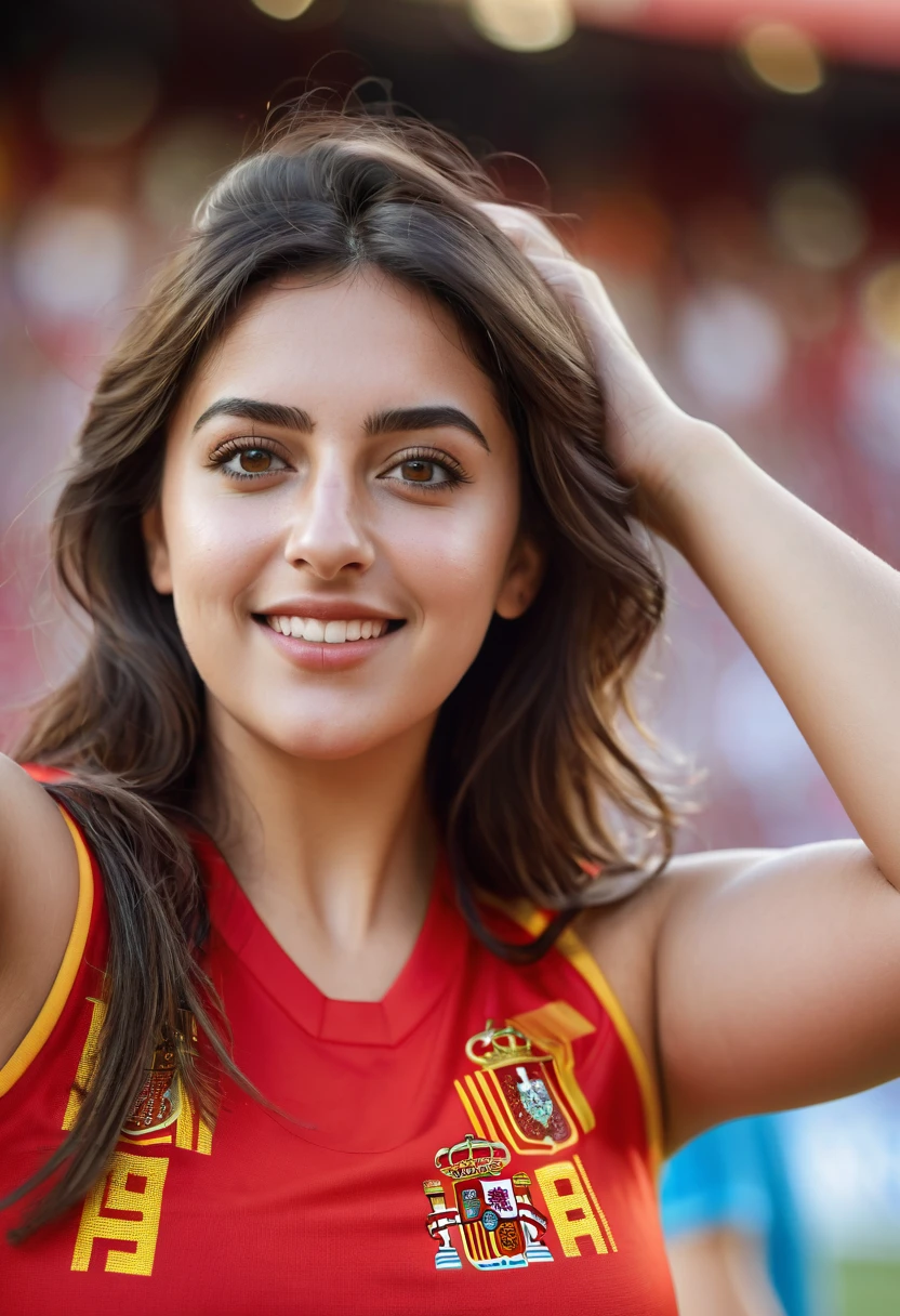 ( masterpiece ), best quality , expressive eyes , perfect face ,A beautiful spain curvy woman wears a football nation spain team sleeveless shirt and waves her arms ,  She has armpit hair , close-up shot , ultra high detail , foot ball stadium blur background