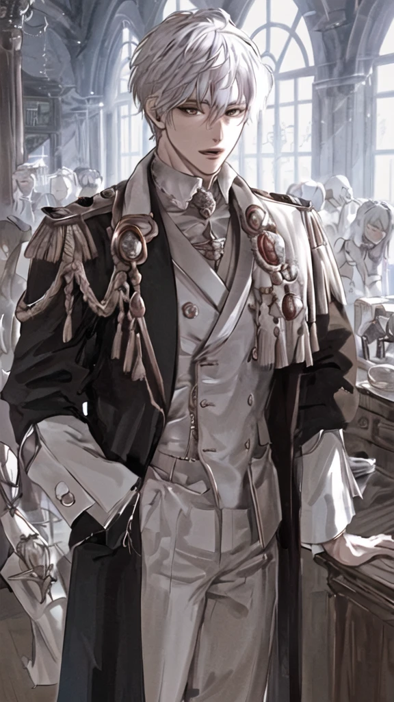 anime boy with white hair and black jacket , boy with white hair, prince, ducal clothes, in a castle, standing figure, brown eyes, elegant