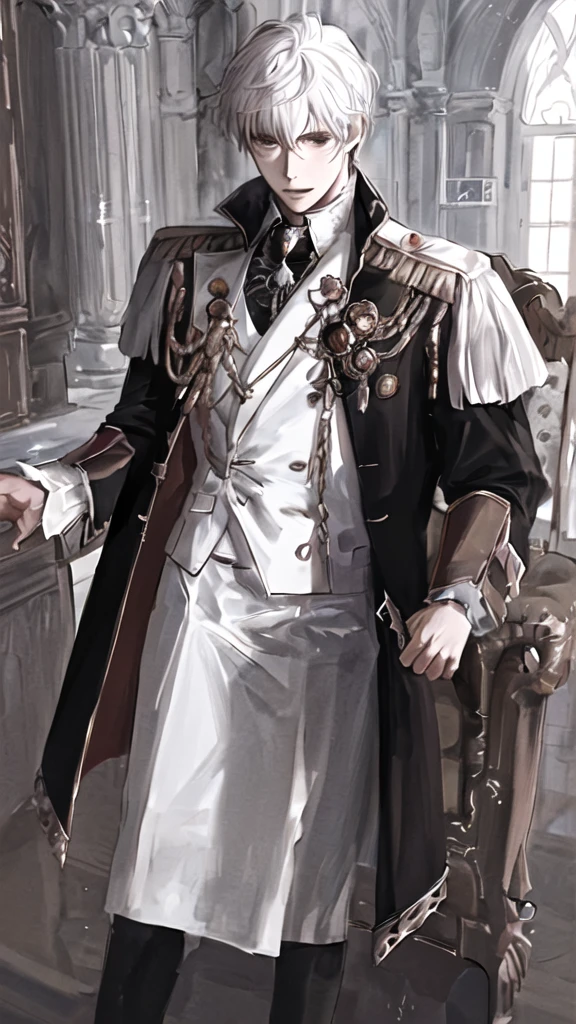 anime boy with white hair and black jacket , boy with white hair, prince, ducal clothes, in a castle, standing figure, brown eyes, elegant