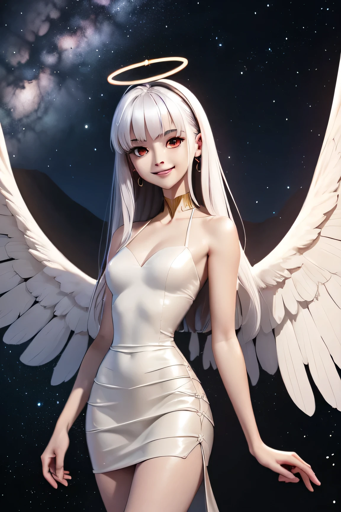 one women, blaugrünes Haar, red eye, smile, Angel wings, golden halo, White dress, stand upright, in space, Milky Way in the background, Stars in the distance, upper body