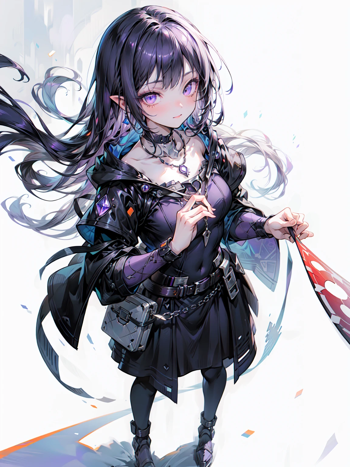 Cute adult girl standing ,Girl Focus, [full body armor], ((Plain gray background)),  poker face, still、(One Girl:1.3), bangs,necklace , （Snow White&#39;s Armor), Super detailed, Crystal purple eyes,thin, Technology of Wonders, Long Hair, Animetic, alone, Silk White Hair, high quality, Mastette Piece,Very detailed,[Wide Hips] , beautiful girl, [detailed aspects], See details of actual operation, Very detailed目,Expressionless emotions, Beautiful Eyes、break、（Dark Elf), (1 Girl), alone, Perfect Face, Get used to it, Ahoge, ((Long Hair:1.2)), [[Messy Hair]], 光沢のあるPurple Hair, Purple eyes, Variegated eyes, Purple Hair, Shining Eyes, (eyelash, eye shadow, purple eye shadow), bright, smile, Design Art：Haruhiko Mikimoto, by Kawashi, By Yoshitaka Amano