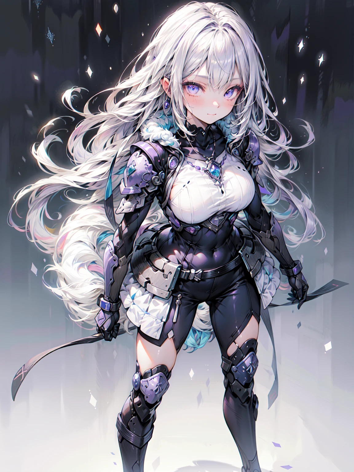 Cute adult girl standing ,Girl Focus, [full body armor], ((Plain gray background)),  poker face, still、(One Girl:1.3), bangs,necklace , （Snow White&#39;s Armor), Super detailed, Crystal purple eyes,thin, Technology of Wonders, Long Hair, Animetic, alone, Silk White Hair, high quality, Mastette Piece,Very detailed,[Wide Hips] , beautiful girl, [detailed aspects], See details of actual operation, Very detailed目,Expressionless emotions, Beautiful Eyes、break、（Dark Elf), (1 Girl), alone, Perfect Face, Get used to it, Ahoge, ((Long Hair:1.2)), [[Messy Hair]], 光沢のあるPurple Hair, Purple eyes, Variegated eyes, Purple Hair, Shining Eyes, (eyelash, eye shadow, purple eye shadow), bright, smile, Design Art：Haruhiko Mikimoto, by Kawashi, By Yoshitaka Amano