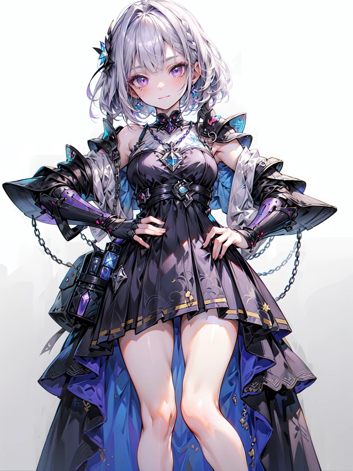 Cute adult girl standing ,Girl Focus, [full body armor], ((Plain gray background)),  poker face, still、(One Girl:1.3), bangs,necklace , （Snow White&#39;s Armor), Super detailed, Crystal purple eyes,thin, Technology of Wonders, Long Hair, Animetic, alone, Silk White Hair, high quality, Mastette Piece,Very detailed,[Wide Hips] , beautiful girl, [detailed aspects], See details of actual operation, Very detailed目,Expressionless emotions, Beautiful Eyes、break、（Dark Elf), (1 Girl), alone, Perfect Face, Get used to it, Ahoge, ((Long Hair:1.2)), [[Messy Hair]], 光沢のあるPurple Hair, Purple eyes, Variegated eyes, Purple Hair, Shining Eyes, (eyelash, eye shadow, purple eye shadow), bright, smile, Design Art：Haruhiko Mikimoto, by Kawashi, By Yoshitaka Amano