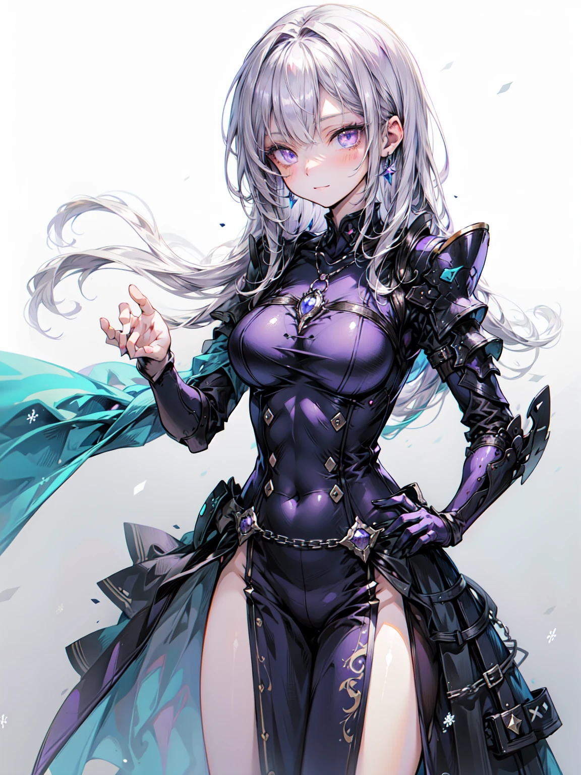 Cute adult girl standing ,Girl Focus, [full body armor], ((Plain gray background)),  poker face, still、(One Girl:1.3), bangs,necklace , （Snow White&#39;s Armor), Super detailed, Crystal purple eyes,thin, Technology of Wonders, Long Hair, Animetic, alone, Silk White Hair, high quality, Mastette Piece,Very detailed,[Wide Hips] , beautiful girl, [detailed aspects], See details of actual operation, Very detailed目,Expressionless emotions, Beautiful Eyes、break、（Dark Elf), (1 Girl), alone, Perfect Face, Get used to it, Ahoge, ((Long Hair:1.2)), [[Messy Hair]], 光沢のあるPurple Hair, Purple eyes, Variegated eyes, Purple Hair, Shining Eyes, (eyelash, eye shadow, purple eye shadow), bright, smile, Design Art：Haruhiko Mikimoto, by Kawashi, By Yoshitaka Amano