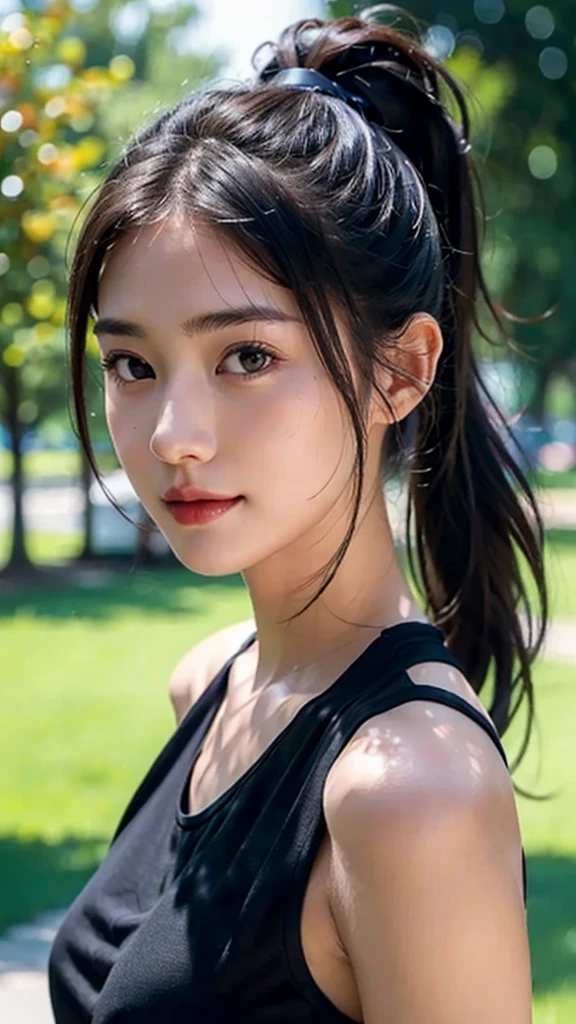 dress,outdoors,Urban Park,On the lawn,One woman,close up face,fully body photo,masutepiece, The highest image quality, High quality, the background is clear,Beautiful woman, Japanese, Detailed, Ultra-detailed, finely detail, hight resolution, 8K Wallpaper, Perfect dynamic composition, Beautiful detailed eyes ,Detailed eyes, Detailed skin, Beautiful skin, 超hight resolution, (reality: 1.4),Very beautiful woman, Slightly younger face, Beautiful skin, slender, (Ultra photo realsisim), (hight resolution), (8K), (Very detailed) (beautifully detailed eyes), (super detailed), (Detailed face), view the viewer, Fine details, Detailed face, Staring straight ahead, Staring straight ahead, photos realistic, Bright lighting, Professional Lighting, Black hair,poneyTail,a ,sixteen ye: ponytail,Long ponytail hairstyle,slight smile,