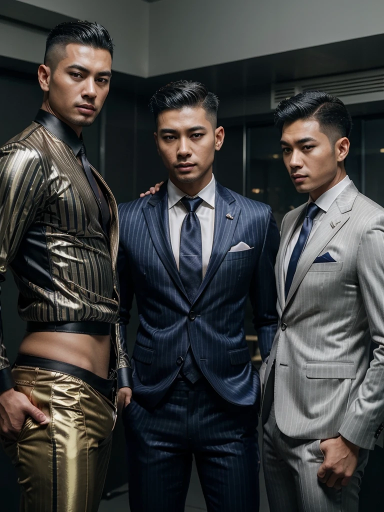 (Two 40ys asian handsome high fade hair hot gay men), in shiny pinstripes stripes sharp suit with silk tie, 8K, Ultra HD