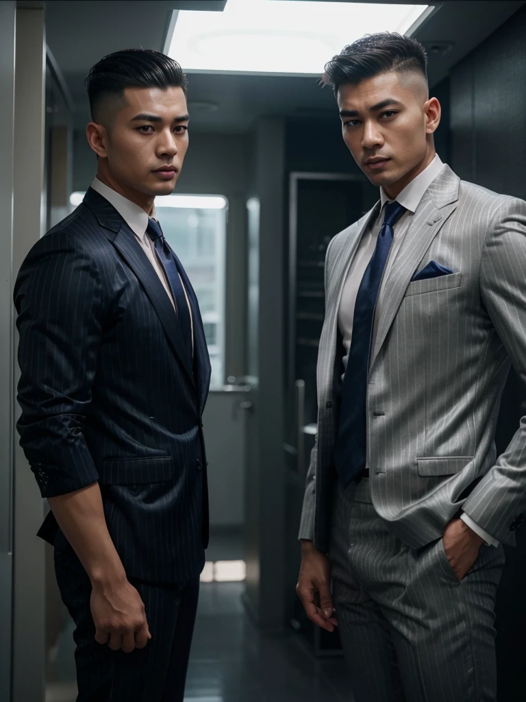 (Two 40ys asian handsome high fade hair hot gay men), in shiny pinstripes stripes sharp suit with silk tie, 8K, Ultra HD
