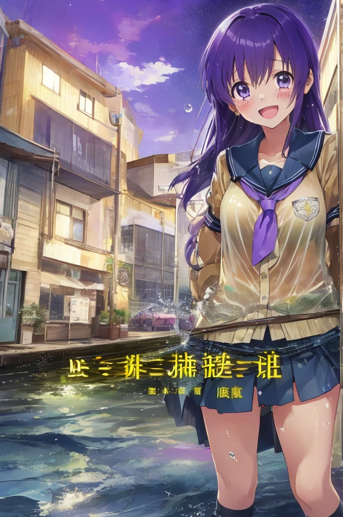 :D、School Anime Girl、青いskirt、Purple Hair、Crying、City of night、In uniform、Open uniform、Wet clothes、skirt、Visible through clothing、bra,Camel Toe、自分で大きくskirtリフト、See-through panties,Small breasts、(Browsing Caution:1.2),Water Drop、Sparkling Water飛沫、Clean air、Splashing Water、Sparkling Water, distress