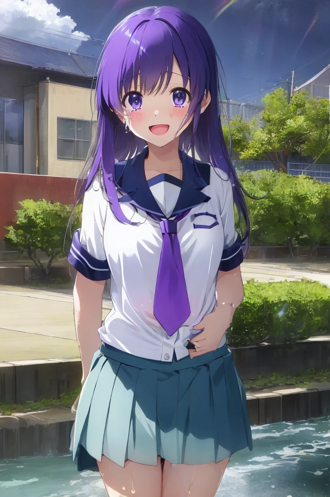 :D、School Anime Girl、青いskirt、Purple Hair、Crying、City of night、In uniform、Open uniform、Wet clothes、skirt、Visible through clothing、bra,Camel Toe、自分で大きくskirtリフト、See-through panties,Small breasts、(Browsing Caution:1.2),Water Drop、Sparkling Water飛沫、Clean air、Splashing Water、Sparkling Water, distress