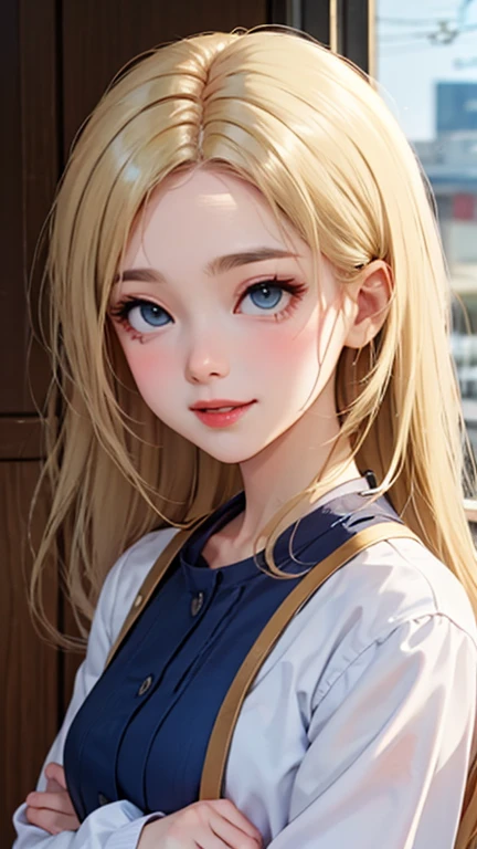 blush a little and smile, (Top quality masterpiece:1.2) Delicate illustrations, Very detailed, /Beautiful Japanese Women、1 person,Very cute and slim、Great style 、((8K images、super high quality))、Very delicate face, Skin and Hair、beautifule forehead、Red lipstick、(((((Mid-length hair、Blonde))))),Very cute Japanese cut face、Eyes and nose are clearly visible、Kind eyes,((((Casual Fashion))))