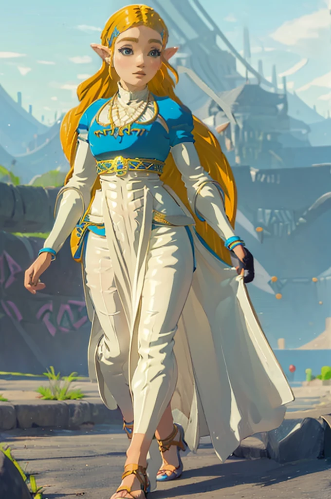 ((zelda)), 1 girl, beautiful face, Princess, wearing transparent white dress without underwear, full body view, long blonde hair, fantasy castle landscape, no underwear, slim body, long legs, wearing high heels, shiny skin