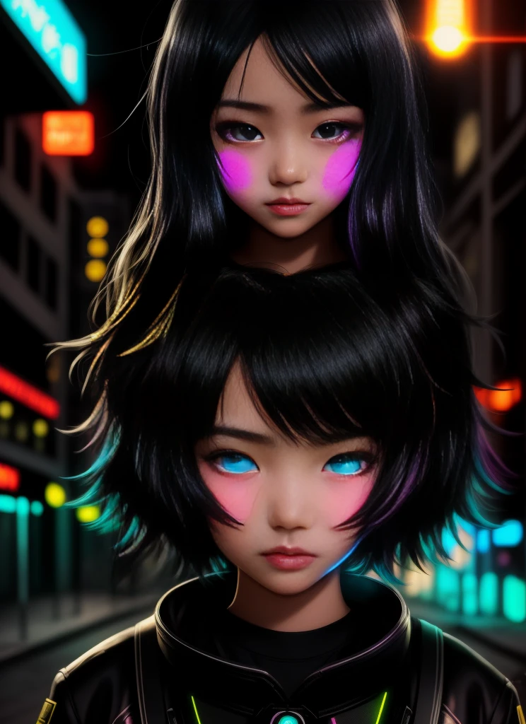 in the Raiward Award-winning masterpiece, which depicts an adult black-haired, medium-sized cyborg with full face in psychedelic colors walking the streets at night., Wearing bright neon colored glasses, 8K, (high qualiy:1.1), (movie atmosphere:1.1), Deep dark shade, incredibly intricate details, until , (zaun:1.1), From above, gazing at viewer, (shine of light:1.1), (Chromatic aberration,:1.2) background with floating light untilifacts