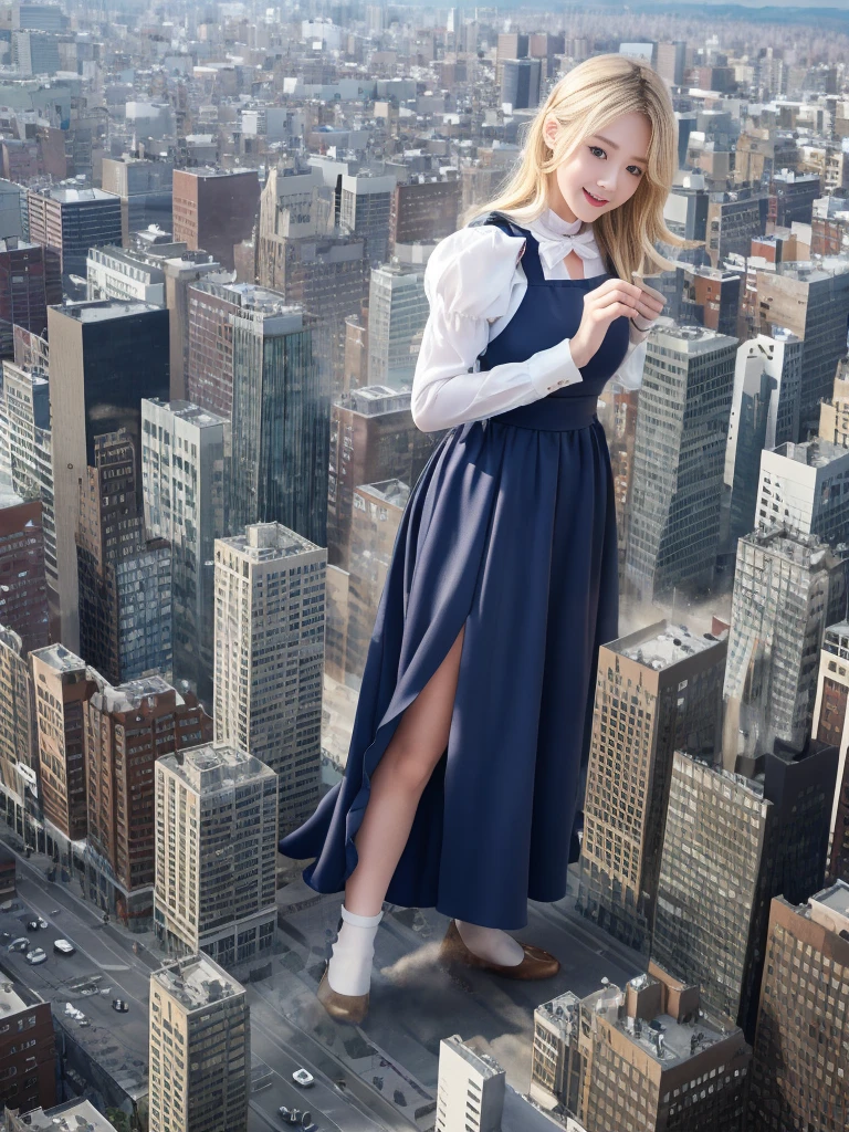 （Giantess Elements、High resolution、High resolution、high quality、Accurate body structure、Detailed body） Towering giant blondes girl，50,000 feet high、Looking up at the approaching woman from below、Giants attack the city、cute、blondes、Destroy a small townWomen、Destroy a small town、Mischievous look、(Maid outfit)Japanese、White skin、Giant blondes female、smile、Trampling buildings、rubble、Burning Small Town、Destroyed small building、Collapsed highway、Cars are crushed、Evacuating residents、sunset、Burning Small Town、go ahead、walk、Trampling、Anatomically correct、Accurate human body、Accurate skeleton、Full body portrait、blue eyes、Rubble scattered at my feet、Higher than skyscrapers、Big impact、amazing、Giantess Elements、Draw a woman in a big way、Increase the destructive element、Make the city smaller