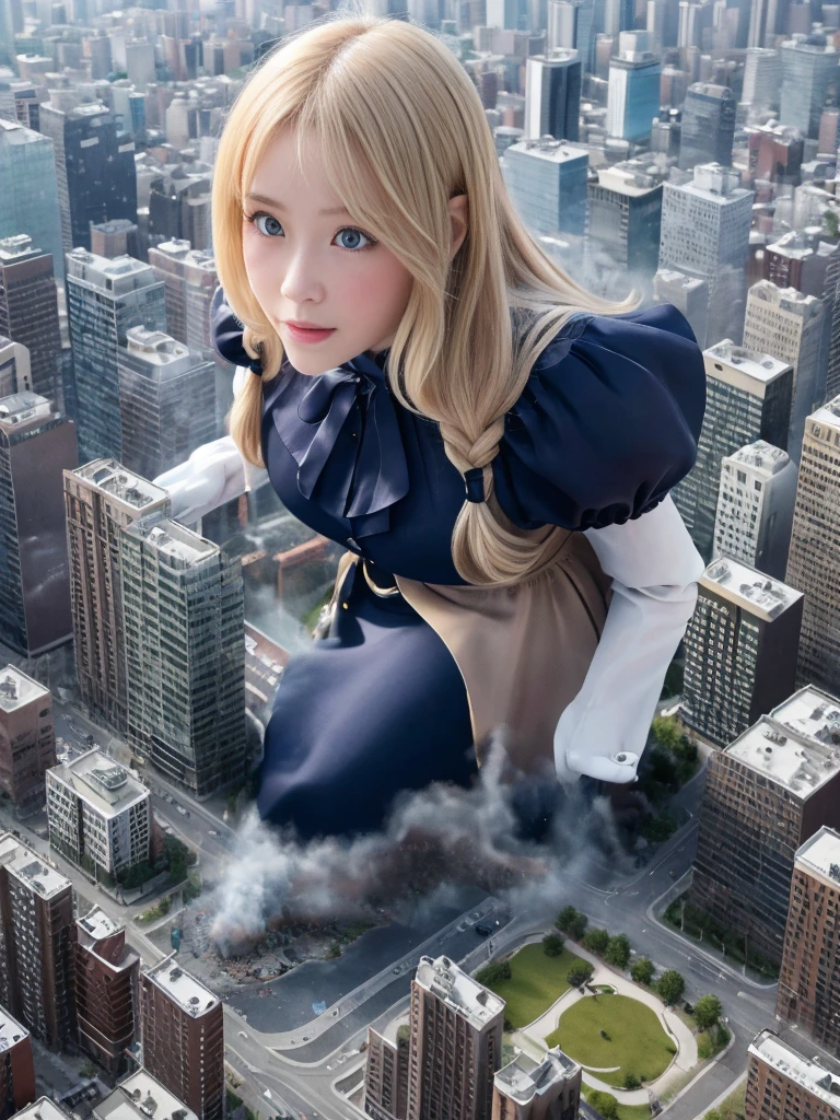 (Giantess Elements、High resolution、High resolution、high quality、Accurate body structure、Detailed body) Towering giant blondes girl,50,000 feet high、Looking up at the approaching woman from below、Giants attack the city、cute、blondes、Destroy a small townWomen、Destroy a small town、Mischievous look、(Maid outfit)Japanese、White skin、Giant blondes female、smile、Trampling buildings、rubble、Burning Small Town、Destroyed small building、Collapsed highway、Cars are crushed、Evacuating residents、sunset、Burning Small Town、go ahead、walk、Trampling、Anatomically correct、Accurate human body、Accurate skeleton、Full body portrait、blue eyes、Rubble scattered at my feet、Higher than skyscrapers、Big impact、amazing、Giantess Elements、Draw a woman in a big way、Increase the destructive element、Make the city smaller