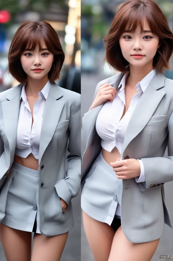 a 18 year old face of the most beautiful actress in the world, the perfect body proportions of a female, worn blazer is closed and buttoned on navel area of formal shirt which is covering upper body with it's large breasts of a female directly, panties between bare legs are seen just a little thanks to suit skirt is too short, thighs, standing, at city street, nsfw, best quality, highly detailed, masterpiece, ultra high res, photo realistic, 8k, short hair cut for a female
