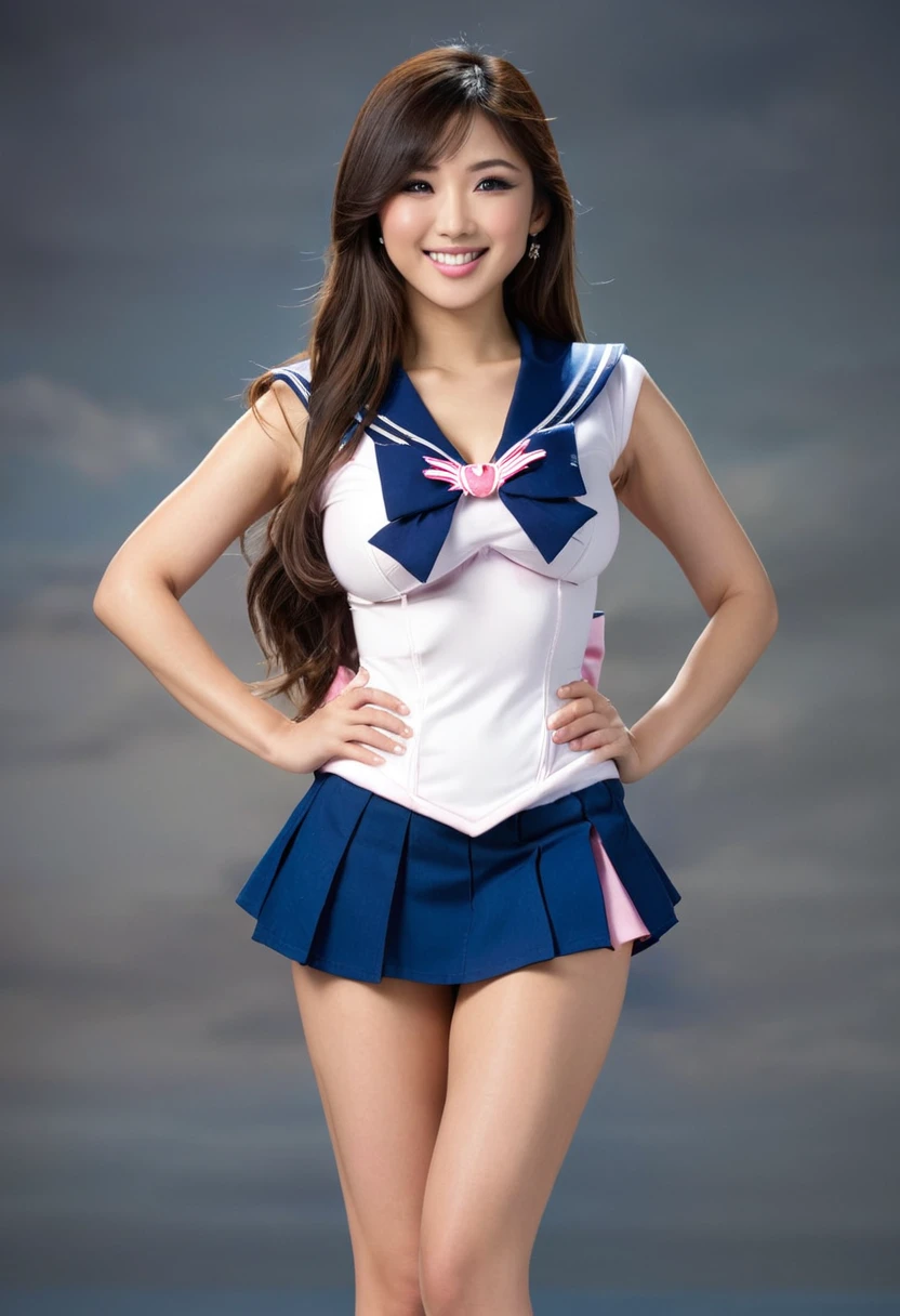 Beautiful asian woman, brunette, big breasts  ultra realistic, perfect face, long hair, full body photo, sexy smile, standing pose, elegant pose, sailor senshu outfit, pink white and blue