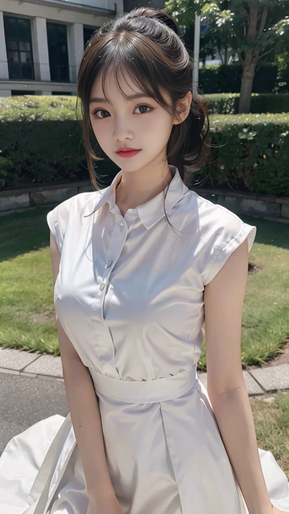 collared dress,European park,On the lawn,Close up face,One woman,masutepiece, The highest image quality, High quality, the background is clear,Beautiful woman, Japanese,Ultra-detailed, finely detail, hight resolution, 8K Wallpaper, Perfect dynamic composition, Beautiful detailed eyes , Detailed, Detailed eyes, Detailed skin, Beautiful skin, 超hight resolution, (reality: 1.4),Very beautiful woman, Slightly younger face, Beautiful skin, slender, (Ultra photo realsisim), (hight resolution), (8K), (Very detailed) (beautifully detailed eyes), (super detailed), (Detailed face), view the viewer, Fine details, Detailed face, Staring straight ahead, Staring straight ahead, photos realistic, Bright lighting, Professional Lighting, Black hair,poneyTail,a baby face,sixteen years old,Hairstyle: ponytail,Long ponytail hairstyle,slight smile,neat and tidy clothing,Beautiful Japanese KPOP idol photo, hair style is ponytail, my eyes are double and wide, baby face, smile and look straight ahead, slender, small breasts,Close up face,