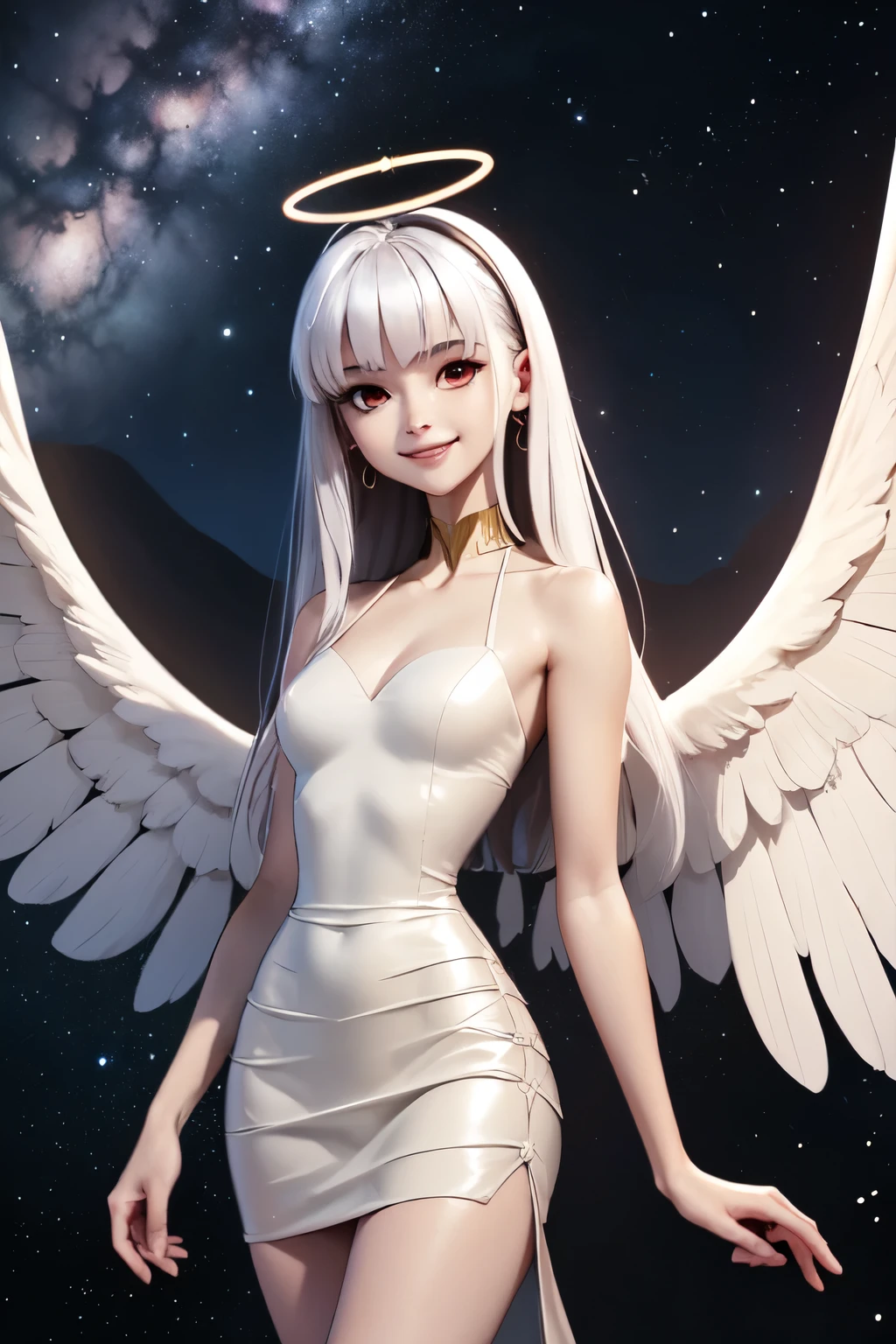 one women, blaugrünes Haar, red eye, smile, Angel wings, golden halo, White dress, stand upright, in space, Milky Way in the background, Stars in the distance, upper body