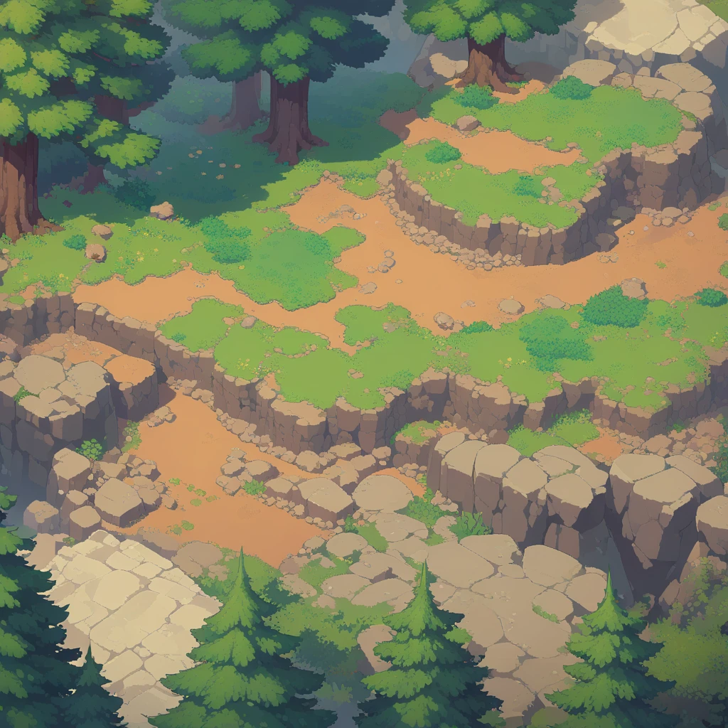 retro video game style,pixelated, vibrant colors,8-bit characters,sharp lines,detailed shading,classic gaming vibe,nostalgic atmosphere,classic arcade games,masterpiece:1.2,ultra-detailed,illustration style, 2d texture, stone texture, 4 k seamless mud texture, video game texture, dirt texture, tileset, game tiles, grass, trees, rock texture, detailed trees, topdown view, game texture, game art, tileable texture, very detailed cliff texture, intricate stones, top down view, 3/4th perspective