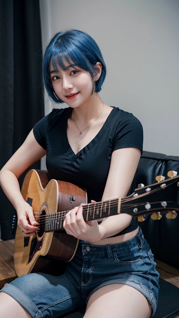 ((best quality)), photorealistic, photorealism, Photorealistic, high resolution, ((Wearing black shirt, short pants))、smile、A superb beauty、Super cute、ennui、Rare beauty、Very Short hair、Black Dark Eyeshadow、Sad、white skin、pale skin, Very short hair layered、Cute Makeup、Cute Smile、Fragrant beauty、Music studio background、Mastepiece、Best Quality、Refers to 5 books、Sweat glistening on my chest、Sweat glistening on my face、Medium breasts、Blue hair、Age 20 years old、Mysterious look、A sad expression、Blue Hair、Glamorous music studio、Sweating profusely all over the body、Plenty of sweat glistening on the thighs、A large amount of sweat glistens on my thighs、Sweating profusely、Gal、Medium breasts、Beautiful face、Alluring expression、Sitting、Sitting playing guitar、Thick thighs、Playing guitar、I have a guitar、Sing a song enthusiastically、Playing guitar in a band、Rock band、Playing guitar chords、Live House Background、Sing a song、Open your mouth、Live house scenery、Glamorous live stage、Dynamic Angle