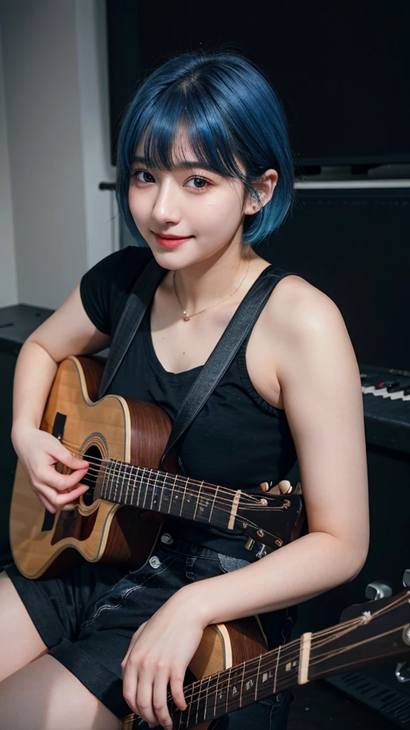 ((best quality)), photorealistic, photorealism, Photorealistic, high resolution, ((Wearing black shirt, short pants))、smile、A superb beauty、Super cute、ennui、Rare beauty、Very Short hair、Black Dark Eyeshadow、Sad、white skin、pale skin, Very short hair layered、Cute Makeup、Cute Smile、Fragrant beauty、Music studio background、Mastepiece、Best Quality、Refers to 5 books、Sweat glistening on my chest、Sweat glistening on my face、Medium breasts、Blue hair、Age 20 years old、Mysterious look、A sad expression、Blue Hair、Glamorous music studio、Sweating profusely all over the body、Plenty of sweat glistening on the thighs、A large amount of sweat glistens on my thighs、Sweating profusely、Gal、Medium breasts、Beautiful face、Alluring expression、Sitting、Sitting playing guitar、Thick thighs、Playing guitar、I have a guitar、Sing a song enthusiastically、Playing guitar in a band、Rock band、Playing guitar chords、Live House Background、Sing a song、Open your mouth、Live house scenery、Glamorous live stage、Dynamic Angle