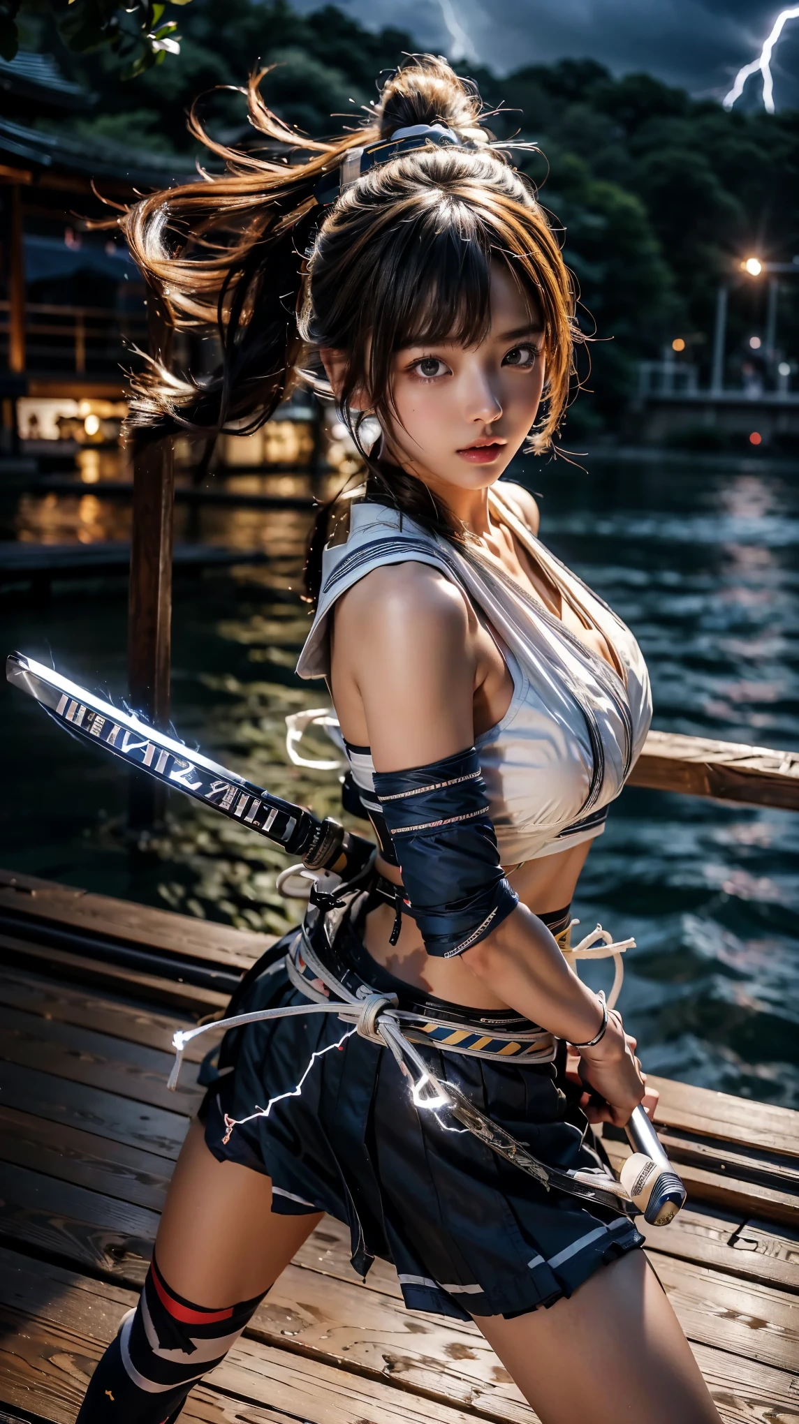 (Ultra HD, Highest quality, High resolution, Hyperrealistic, super beautiful), 24000dpi, Beautiful woman, high school girl, Long Tail, yellow, Headband, Well-formed eyes, Eyesight max, 18-year-old, Alluring, Completely American, perfect body, Big Breasts, Physical Beauty, ((Japanese Sailor Suit:1.5, serafuku, Japanese style mini skirt)), (((Blue Lightning, hold, Electric Japanese Sword, sheath, Charge Move, Special move position, Iai))), All in one, Absurd, (((Anatomically correct))), whole body