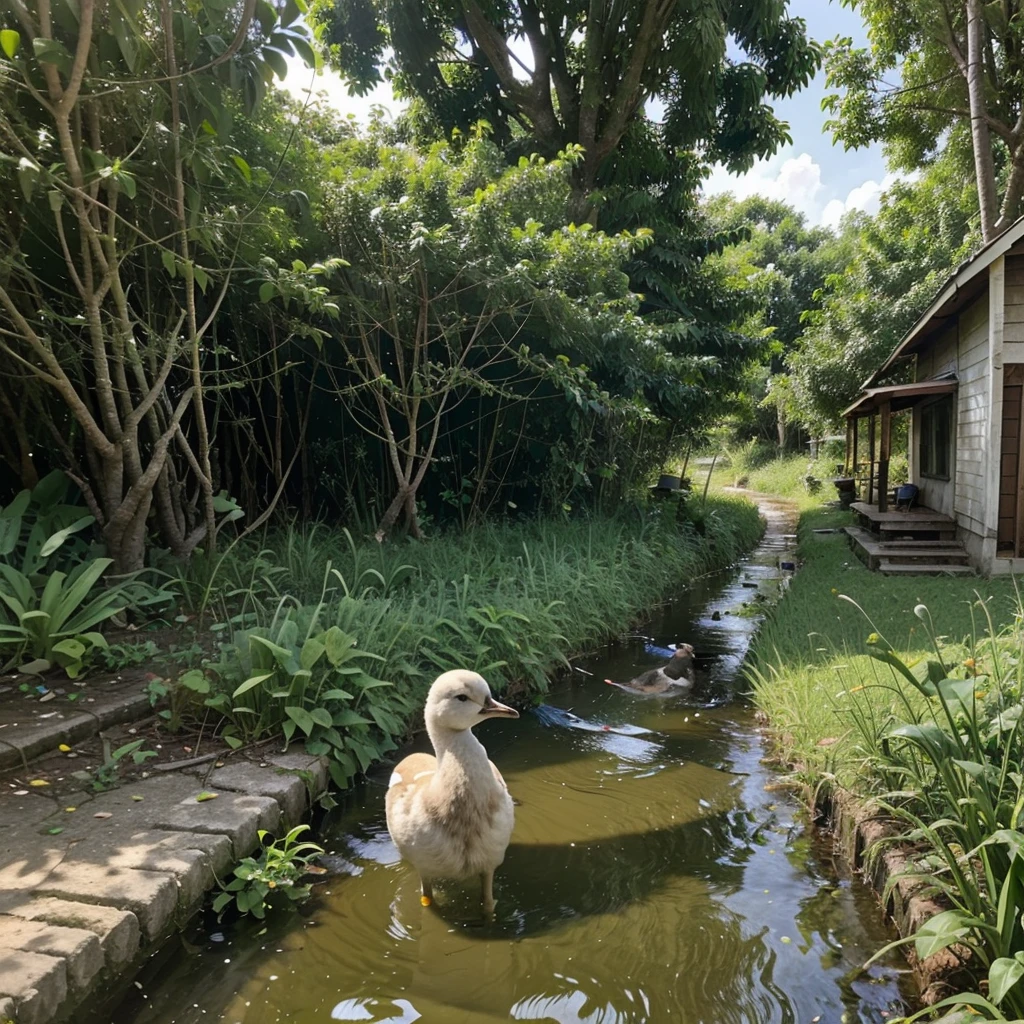 Diki was a young gosling (cartoon) who lived with his mother and father on the edge of a lush green forest. Every day, Diki enjoyed playing by the ditch that flowed behind their house. The ditch was filled with clear water, a perfect place for Diki to play.