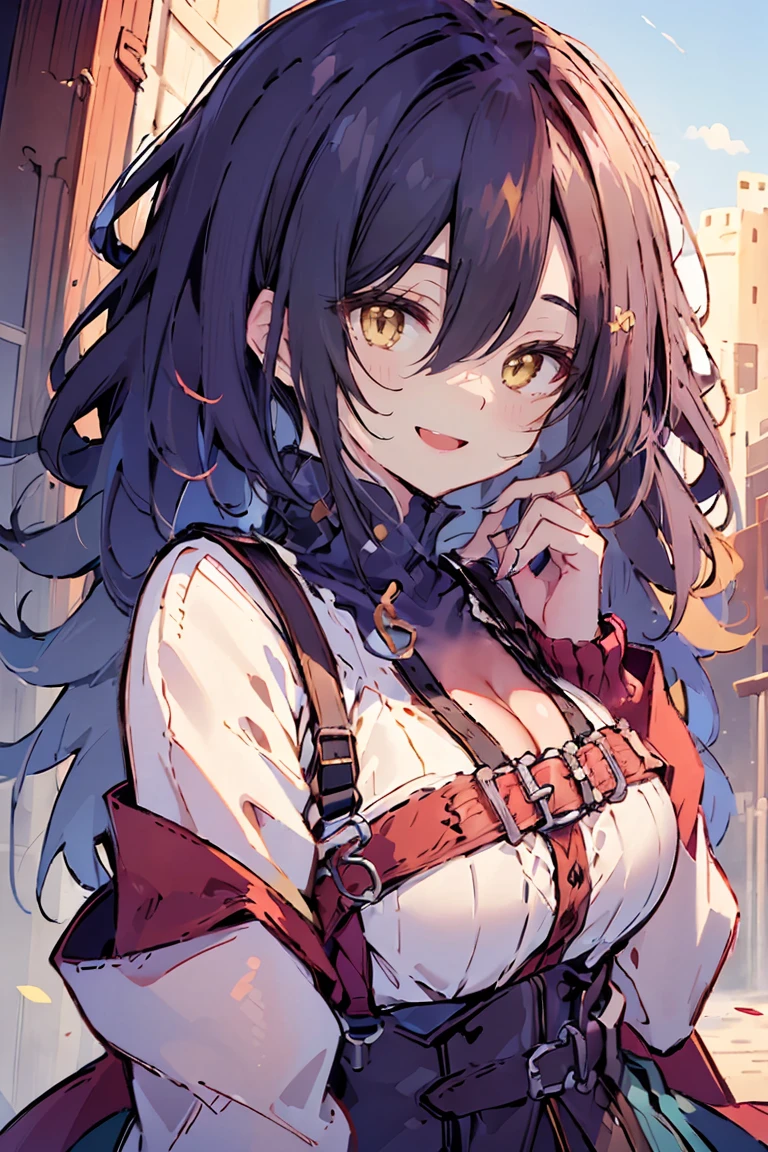 (masterpiece:1.2), (high quality:1.2), (hui xiyi:0.7), rekkyo sensen, rekkyou sensen, girls with((black hair, bangs, (one side up, long wavy hair, hair clips:1.55), hand up, waving is hands, perfect hands, perfect fingers, (exposed breasts, tits cleavage, breasts close up:1.2), dress((suspenders, dress, belts:1.15), (blue clothes, frills shirt, white knit sweater, long sleeves:1.2)), upper body)), background with((fantasy world, ruin, castle, beautiful sky, shining sky, sunshine))