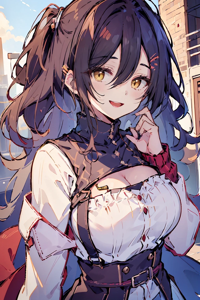 (masterpiece:1.2), (high quality:1.2), (hui xiyi:0.7), rekkyo sensen, rekkyou sensen, girls with((black hair, bangs, (one side up, long wavy hair, hair clips:1.55), hand up, waving is hands, perfect hands, perfect fingers, (exposed breasts, tits cleavage, breasts close up:1.2), dress((suspenders, dress, belts:1.15), (blue clothes, frills shirt, white knit sweater, long sleeves:1.2)), upper body)), background with((fantasy world, ruin, castle, beautiful sky, shining sky, sunshine))