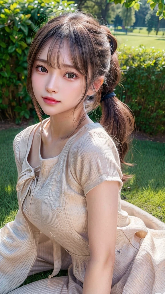 One piece with collar,outdoors,Urban Park,On the lawn,Ultra-detailed, finely detail, hight resolution, 8K Wallpaper, Perfect dynamic composition, Beautiful detailed eyes,Outdoor,Close-up of face,Outdoor,Blushing,Facing forward,,Long hair ponytail,((8k, Raw photo, Best Quality, Mastepiece:1.2), (Realism, Photorealistic:1.4), (Highly detailed 8K wallpapers), Depth of written boundary, Cinematic Lighting, Soft Light, Detailed Beauty Eye,Shiny and smooth light brown ponytail, Asymmetrical bangs, Shiny skin, Ultra-detailed skins ,It is high resolution., High detail, Detailed hairstyle, Detailed facial beauty, Hyper-realistic, Perfect limbs, Perfect Anatomy ,1 Japanese girl,Famous Japanese Idols, Perfect female body,A shy smile,Short eyelashes,Double-edged eyelids,Look straight here,Hair style: ponytail,