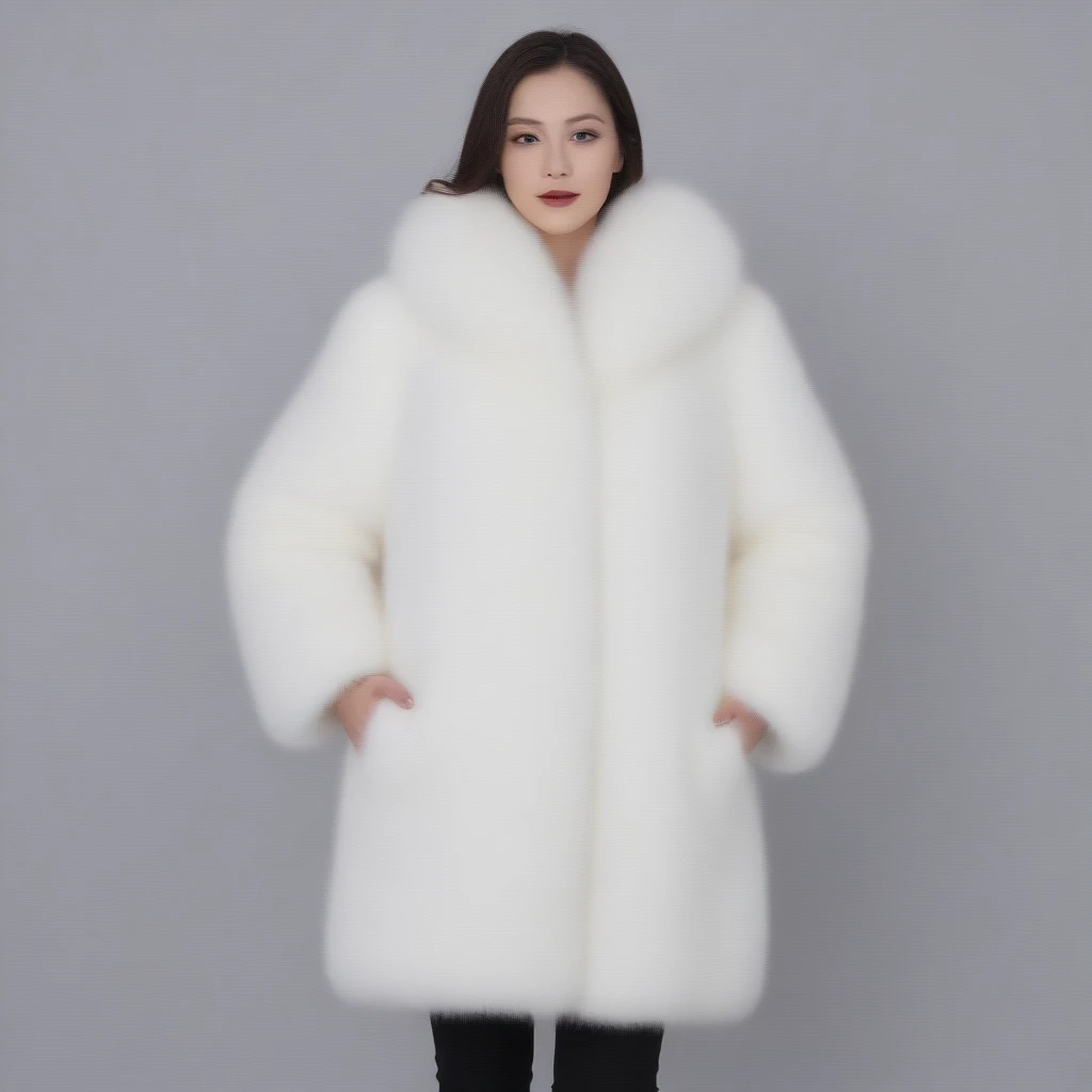 A very wide and very thick, very long white fox fur coat, fifty centimeters d&#39;thickness, fluffy, naturel, with an ultra thick white and sand mink fur collar, Trois couches, about the best models from Venezuela, bare shoulders, and two big breasts revealed by the fur, under the sun , yacht deluxe, port of Monaco , en haute résolution de la plus high quality、,Photo 8K HDR), realistic texture, realistic shadows,