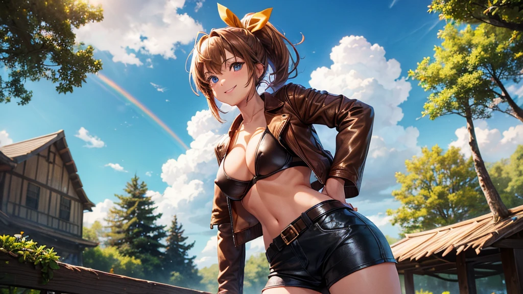 1girl, solo, full body, summer, village, trees, sun, clouds, ((colorful hair)), ponytail, large full breasts, ((brown leather jacket)), brown leather shorts, ((blue bra)), nipples, topless, blue eyes, skirt, smile, looking at the viewer, standing, hair ribbon, golden necklate