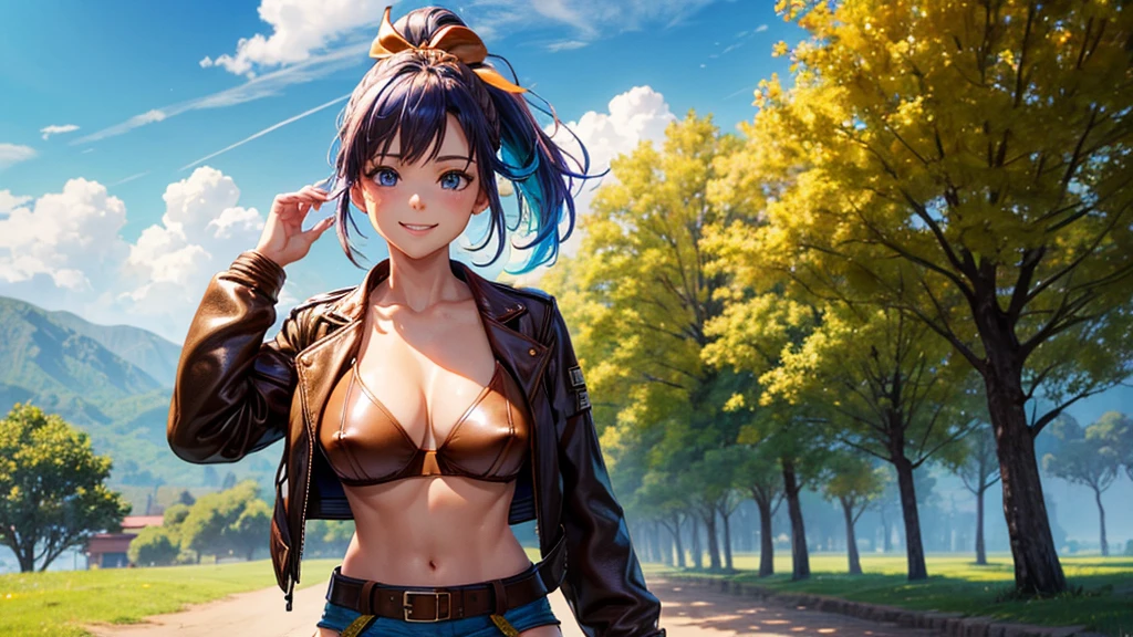 1girl, solo, full body, summer, village, trees, sun, clouds, ((colorful hair)), ponytail, large full breasts, ((brown leather jacket)), brown leather shorts, ((blue bra)), nipples, topless, blue eyes, skirt, smile, looking at the viewer, standing, hair ribbon, golden necklate