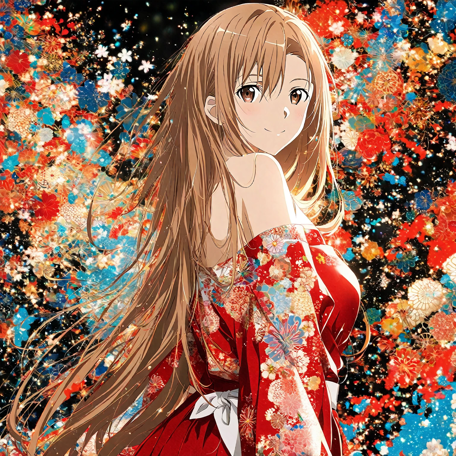 1girl, Asuna,Sword Art Online,long straight light brown hair, light brown hair, brown eyes, wearing white and red dress, off-shoulder, intricate patterns, turning head, smiling, front view, warm lighting, background of japan, high image quality, detailed, saturated colors, sexy elements, gentle and charming