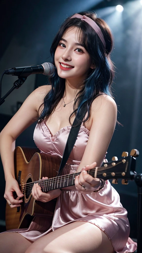 ((best quality)), photorealistic, photorealism, Photorealistic, high resolution, ((Wearing pink satin dress, headband))、smile、A superb beauty、Super cute、adorable、ennui、Rare beauty、Very Short hair、Black Dark Eyeshadow、Sad、white skin、pale skin, Very short hair layered、Dark Gothic Makeup、Cute Smile、Fragrant beauty、Garden background、Mastepiece、Best Quality、Refers to 5 books、Sweat glistening on my chest、Sweat glistening on my face、Medium breasts、Blue hair、Age 20 years old、Mysterious look、A sad expression、Blue Hair、Glamorous concert stage、enchanting castle、Sweating profusely all over the body、A lot of sweat and light on the thighs、Shiny thighs、Plenty of sweat glistening on the thighs、A large amount of sweat glistens on my thighs、Sweating profusely、Gal、Medium breasts、Beautiful face、Alluring expression、Sitting、Sitting playing guitar、Thick thighs、Playing guitar、I have a guitar、Sing a song enthusiastically、Playing guitar in a band、Rock band、Playing guitar chords、Live House Background、Sing a song、Open your mouth、Live house scenery、Mic stand、Glamorous live stage、Dynamic Angle、Cinematic lighting
