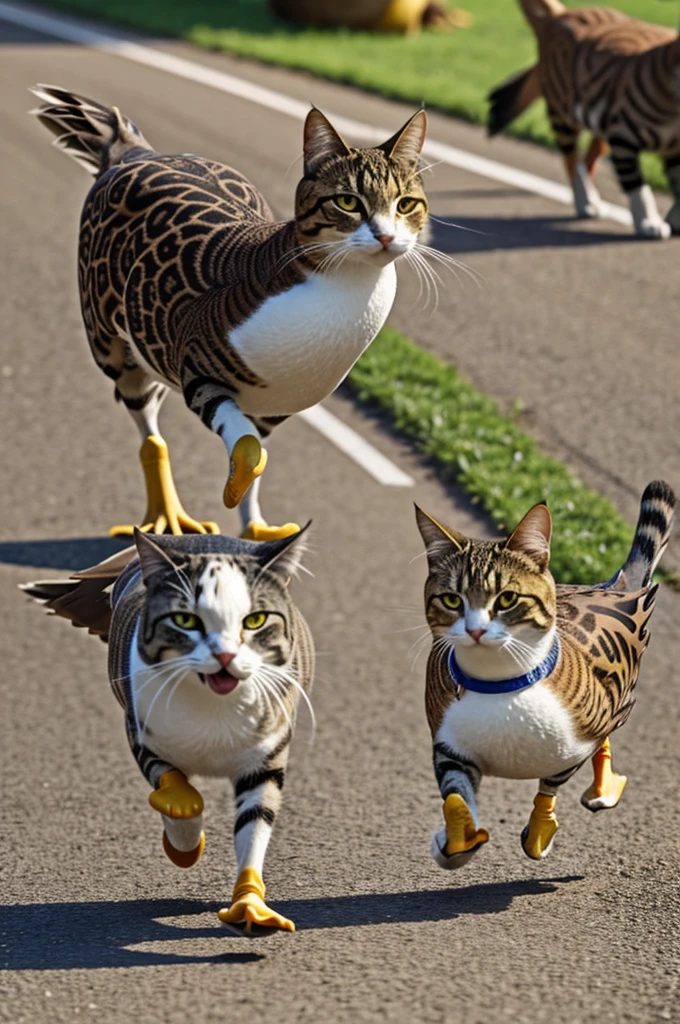 A duck carrying a happy cat Pointing forward in a race