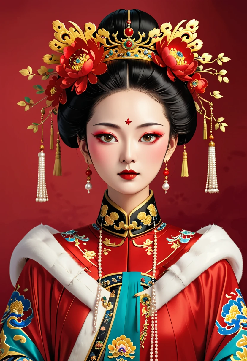 Solemn girl portrait,symmetry,Round Face,Bright Eyes,Smooth skin,Red peony headdress,Elegant and luxurious,Wealth,Gorgeous black and gold costumes,Chinese Qing Dynasty flag costumes,Selfish,Chinese Emperor,High bun,Gorgeous golden crown,tassel,palace,Clean background,(((Wu Zetian,Empress))),Fur collar cape,Pearl tassels,Pearl Makeup,Red background