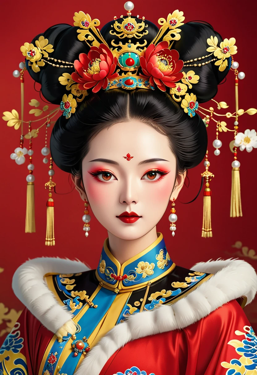 Solemn girl portrait,symmetry,Round Face,Bright Eyes,Smooth skin,Red peony headdress,Elegant and luxurious,Wealth,Gorgeous black and gold costumes,Chinese Qing Dynasty flag costumes,Selfish,Chinese Emperor,High bun,Gorgeous golden crown,tassel,palace,Clean background,(((Wu Zetian,Empress))),Fur collar cape,Pearl tassels,Pearl Makeup,Red background