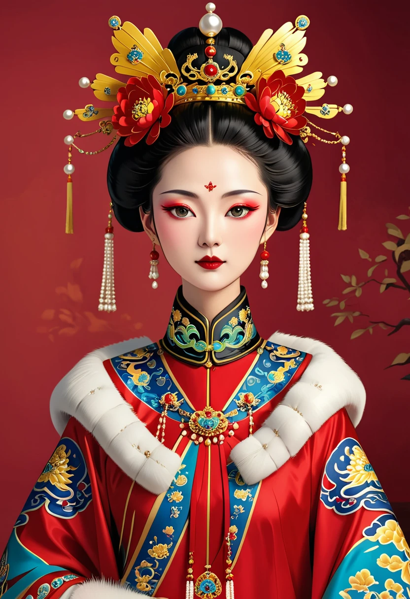 Solemn girl portrait,symmetry,Round Face,Bright Eyes,Smooth skin,Red peony headdress,Elegant and luxurious,Wealth,Gorgeous black and gold costumes,Chinese Qing Dynasty flag costumes,Selfish,Chinese Emperor,High bun,Gorgeous golden crown,tassel,palace,Clean background,(((Wu Zetian,Empress))),Fur collar cape,Pearl tassels,Pearl Makeup,Red background