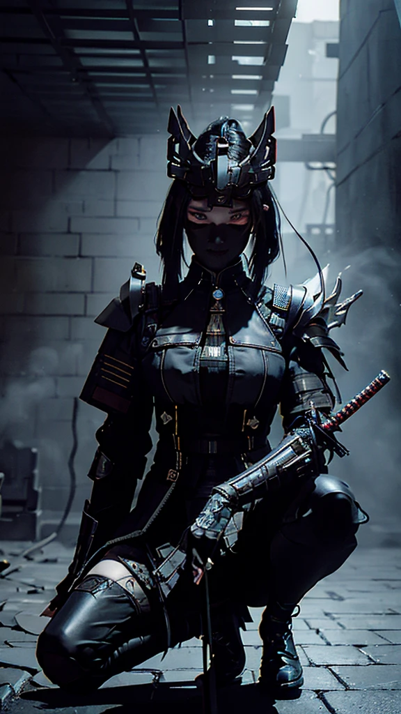 Surreal version of a woman kneeling down on one knee with sword in hand, Sitting on the wall,very beautiful cyberpunk samurai,Sitting on the wall,Futuritic background, Smoke color background, cyberpunk anime art, cyberpunk samurai, cyberpunk city anime art, cyberpunk anime, cgsociety 9, digital cyberpunk anime art, style of maciej kuciara .1girl, samurai armor, devil mask helmet, intricate, detailed ornaments, cold colors, metallic, Egyptian details, details very complex, realistic lighting, trending on social cgs, glowing eyes, facing camera, Brick wall,neon details, surreal details, full body portrait, Japanese atmosphere, lighting global, shadow, octane rendering, 8k, super sharp ta.((Best quality)), ((masterpiece)), (details:1.4), 3D, image of a female cyberpunk beautiful,HDR (High Dynamic Range),Beam Range,NVIDIA RTX,Ultra High Resolution,Unreal 5,Subsurface Scattering,PBR Textures,Post-processing,Anisotropic Filtering,Depth of Field, Maximum clarity and sharpness, Multi-layer textures, Albedo and Reflection maps, Surface shadows, Accurate simulation of light-material interaction, Perfect scaling, Octane rendering, Two-tone lighting Color, Wide Aperture, Low ISO, White Balance, Rule of Thirds, 8K RAW,