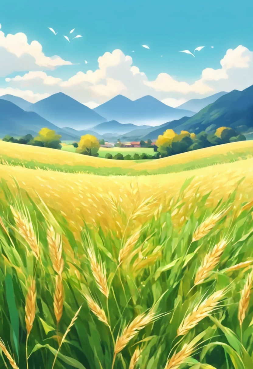 autumn,(Autumn),(Close-up of light green wheat field)(Mai Lang),Cyan mountains in the distance,Ginkgo leaves fluttering in the air,(Blue sky and white clouds),(higher purity),(Moderately saturated),(Clean pictures),The picture gives people an elegance、Relaxing feeling,Adds a naturally calm and unique ambience,Low Angle of View,(Depth of Field),(transparent),Normal composition,(simple),(8K),high quality、High Definition,Ultra HD,(Best quality)