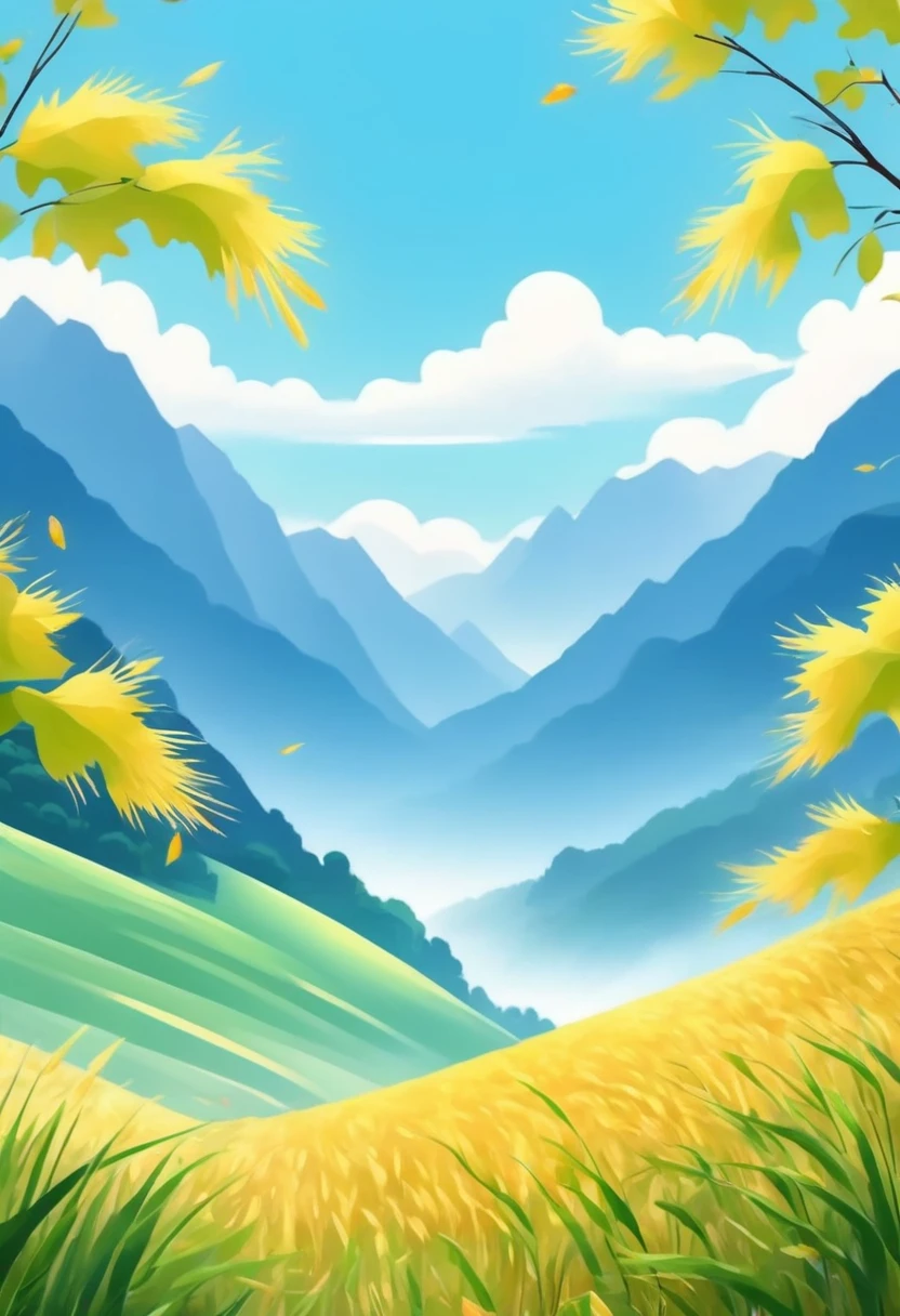 autumn，（Autumn），（Close-up of light green wheat field）（Mai Lang），Cyan mountains in the distance，Ginkgo leaves fluttering in the air，（Blue sky and white clouds），（higher purity），（Moderately saturated），（Clean pictures），The picture gives people an elegance、Relaxing feeling，Adds a naturally calm and unique ambience，Low Angle of View，（Depth of Field），（transparent），Normal composition，（simple），（8K），high quality、High Definition，Ultra HD，（Best quality）