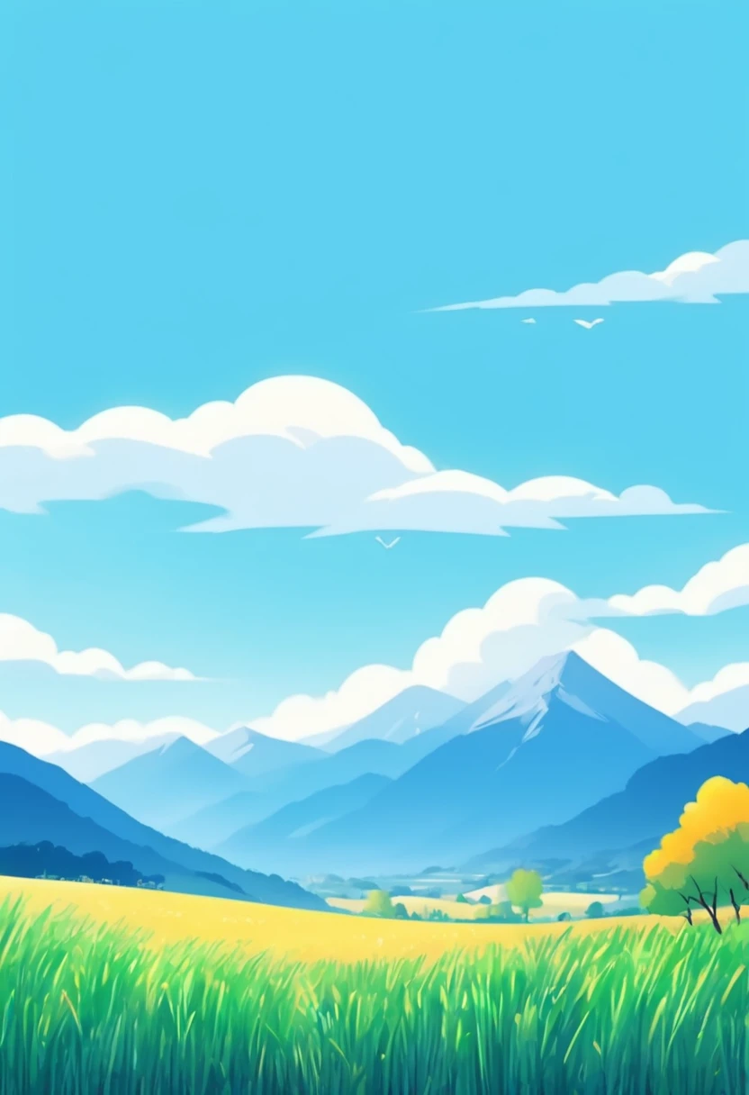 autumn，（Autumn），（Close-up of light green wheat field）（Mai Lang），Cyan mountains in the distance，Ginkgo leaves fluttering in the air，（Blue sky and white clouds），（higher purity），（Moderately saturated），（Clean pictures），The picture gives people an elegance、Relaxing feeling，Adds a naturally calm and unique ambience，Low Angle of View，（Depth of Field），（transparent），Normal composition，（simple），（8K），high quality、High Definition，Ultra HD，（Best quality）